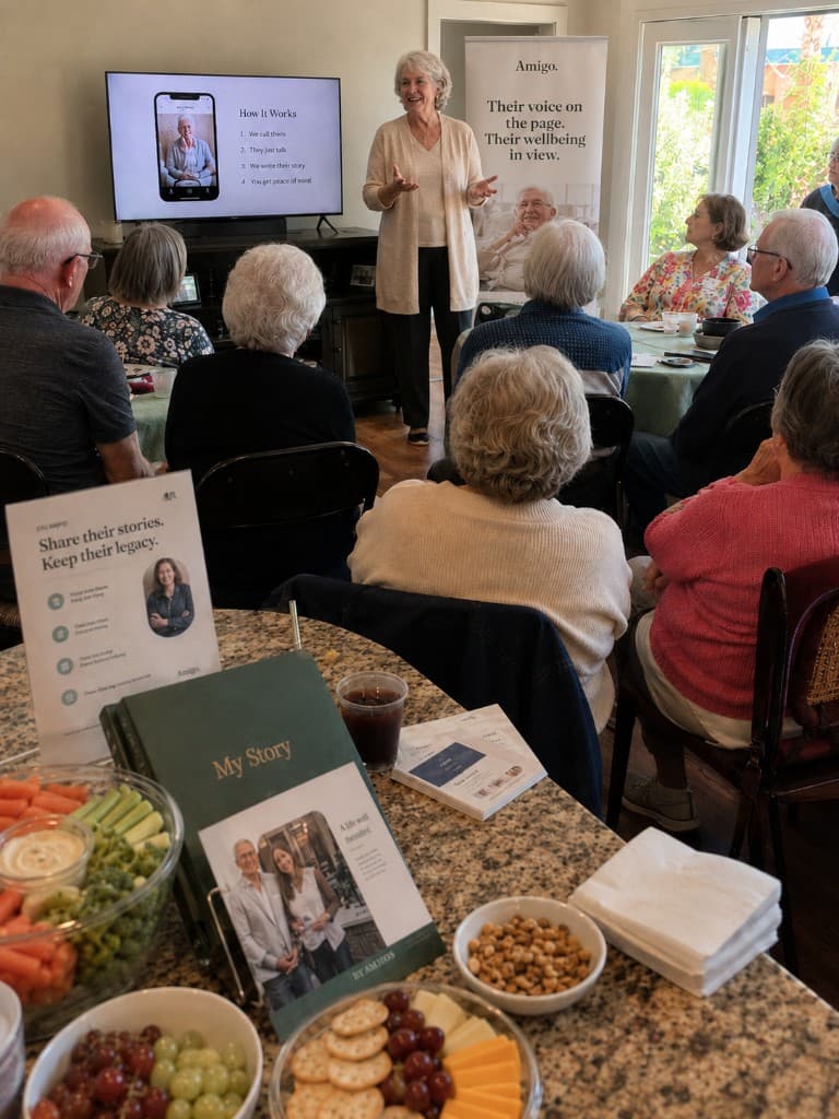 An Amigo Ambassador presenting to a group of seniors at a community event