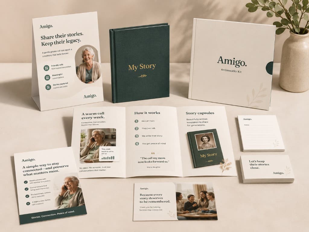 An opened Amigo Ambassador welcome kit with brochures and a tote bag