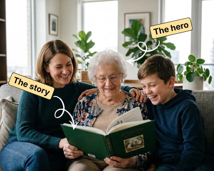 A grandmother reading with her daughter and grandson on a sofa