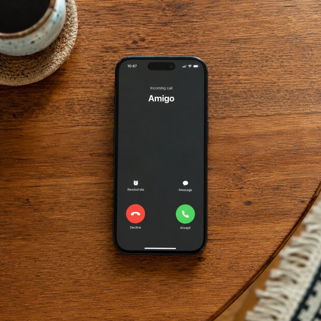An iPhone on a wooden table showing an incoming call from Amigo