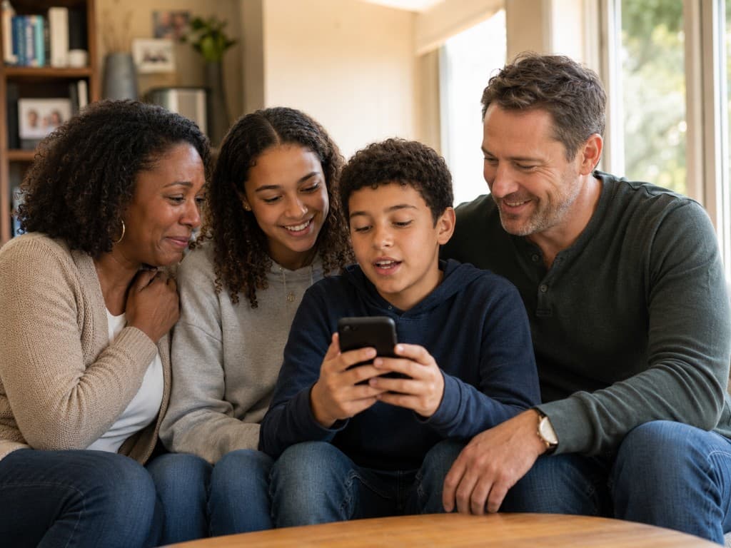 A family gathered around, reading a printed story capsule together and smiling