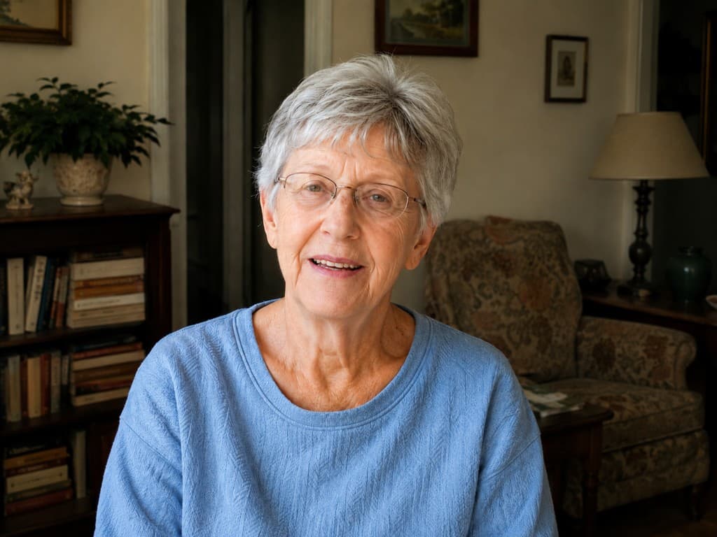 Margaret, 78, smiling warmly at home