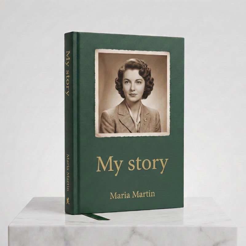 An open keepsake book showing a printed life story and a portrait