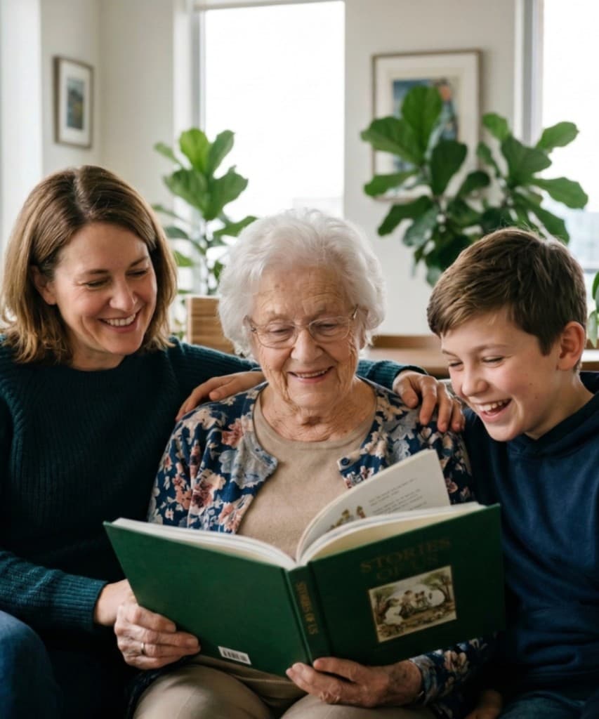 A grandmother sharing her life stories with her adult daughter and grandson, reading together on a sofa
