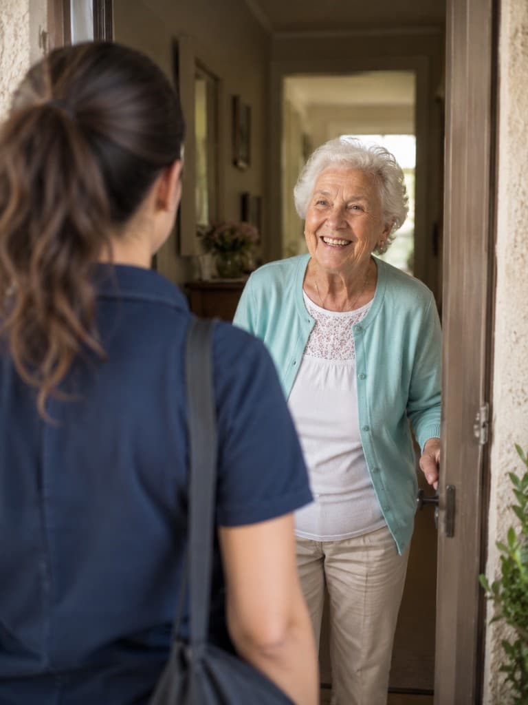 A nurse arriving at a senior client's home, both smiling warmly at the door