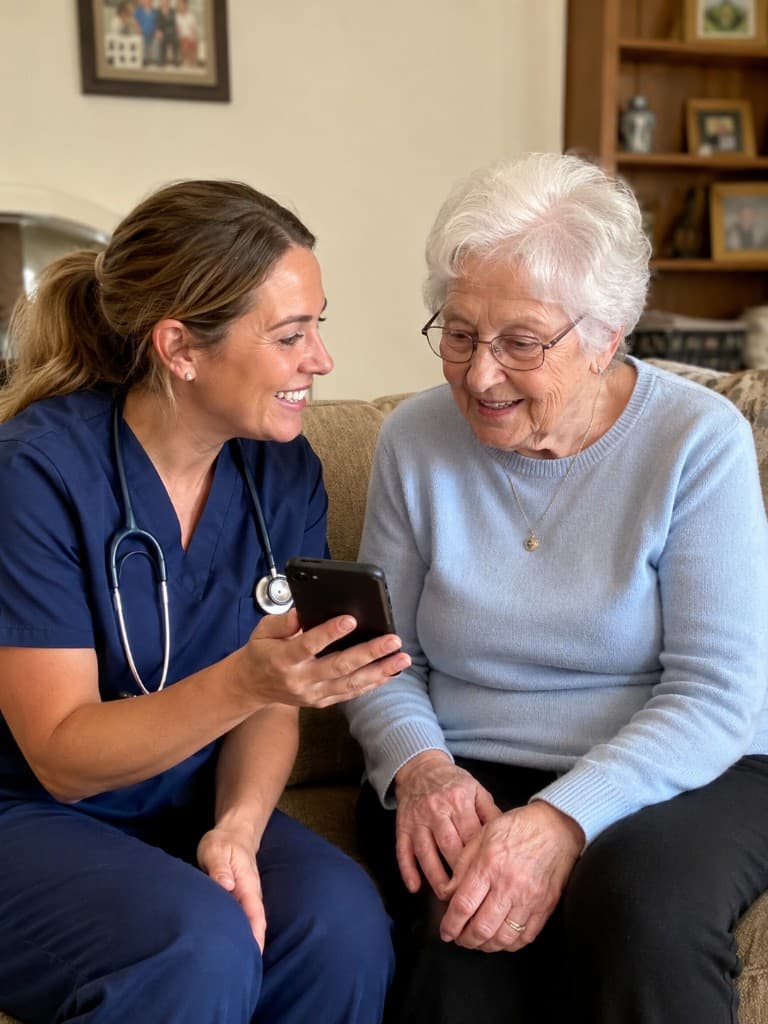 A nurse sharing Amigo with an older client at home