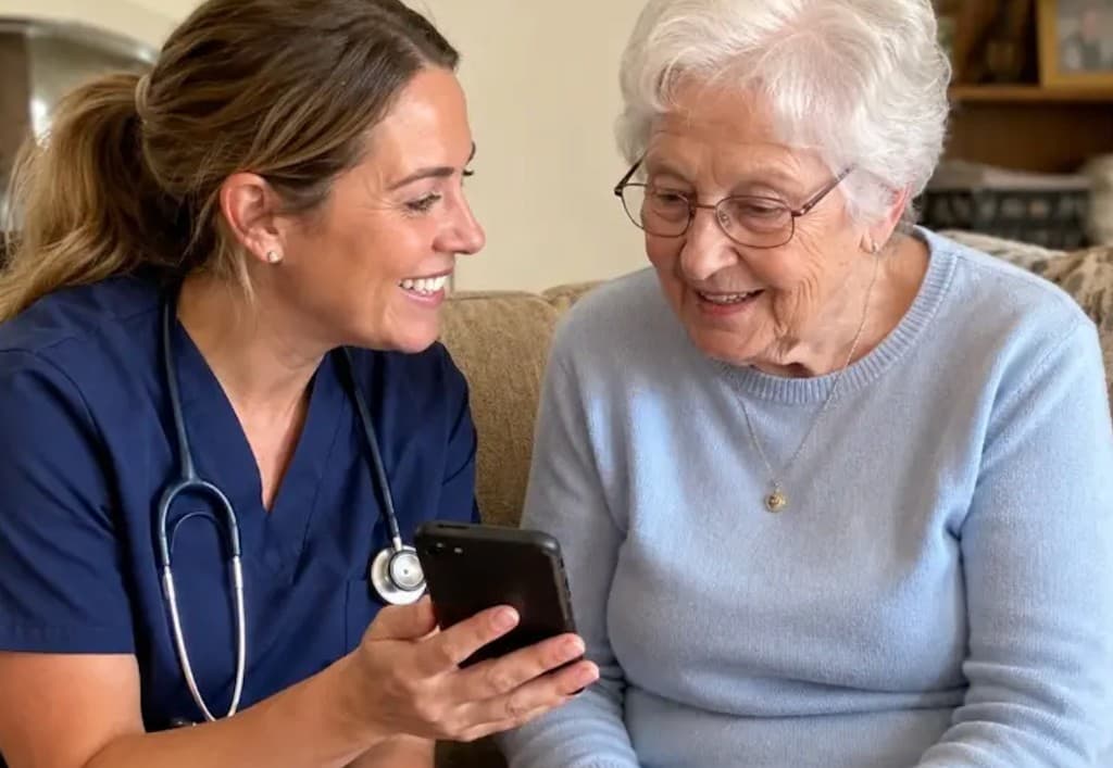 A caregiver showing Amigo on a phone to a client's daughter at home