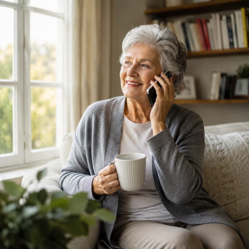 Close-up of a laughing senior mid-conversation, hand gesturing warmly