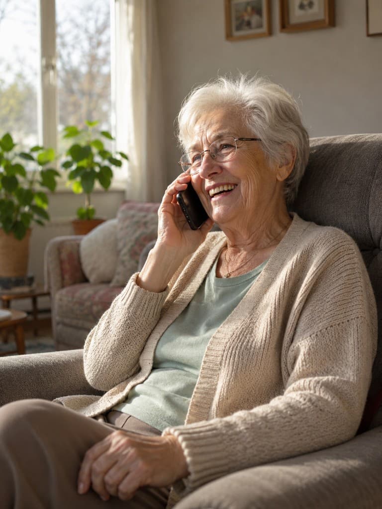 A smiling senior chatting warmly on their phone in a sunny living room